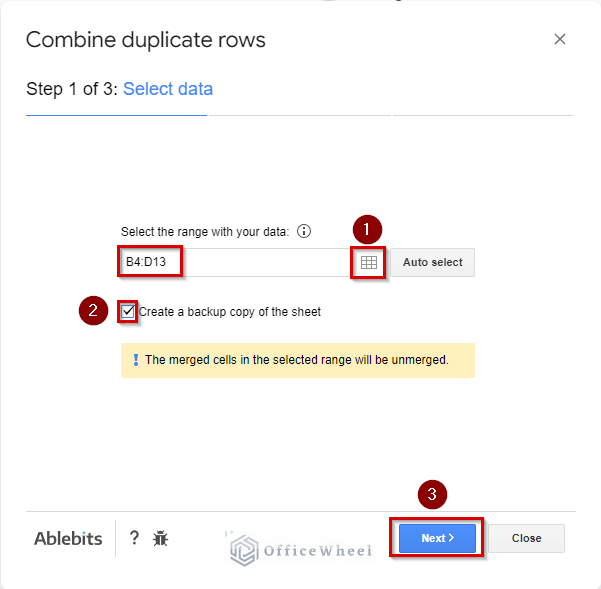 data selection window for power tool in google sheets